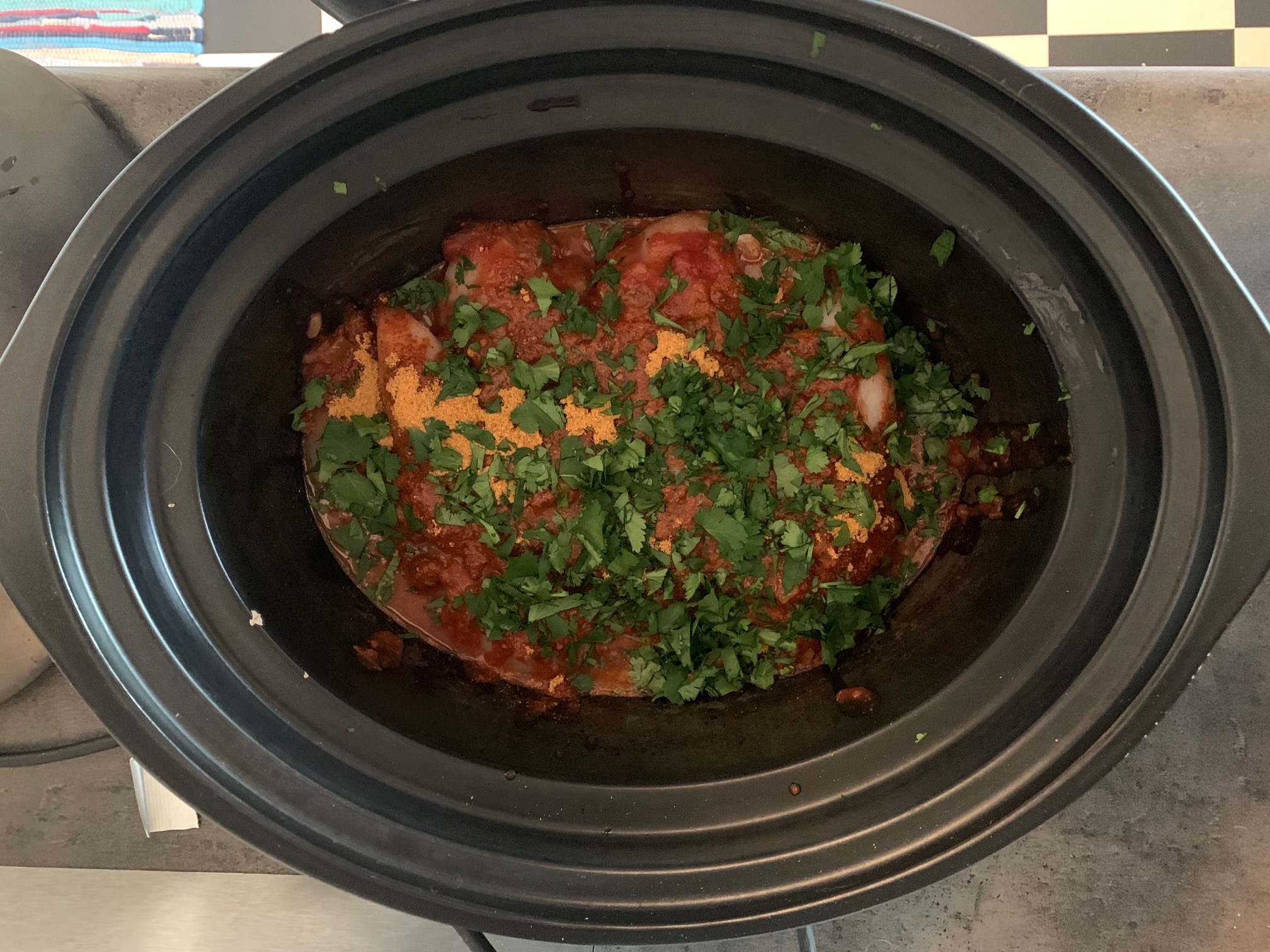 This is what your chicken should be looking like before you turn the slow cooker on.